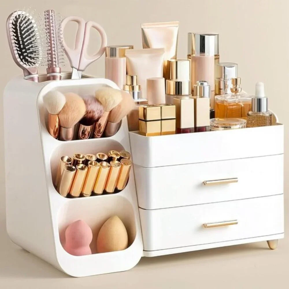 Large White Makeup Organizer with Brush Holder, Vanity & Room Storage Case